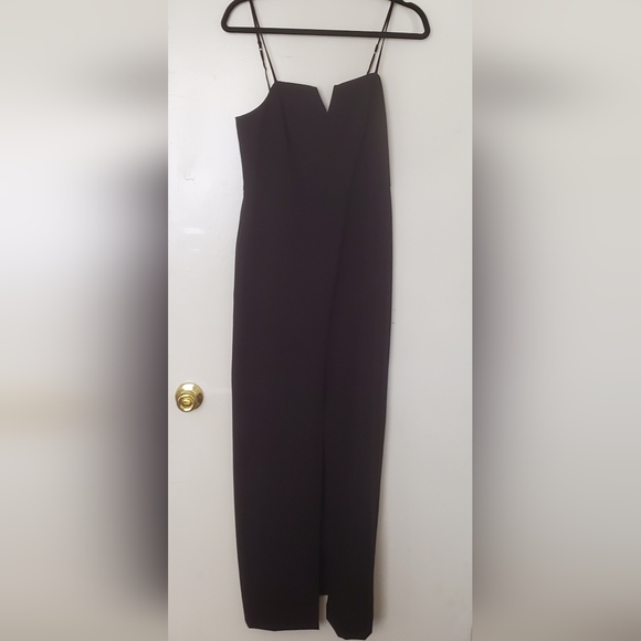 H Halston Women's V-Notch Front Slit Spaghetti Strap Black Long Dress. - Picture 3 of 12